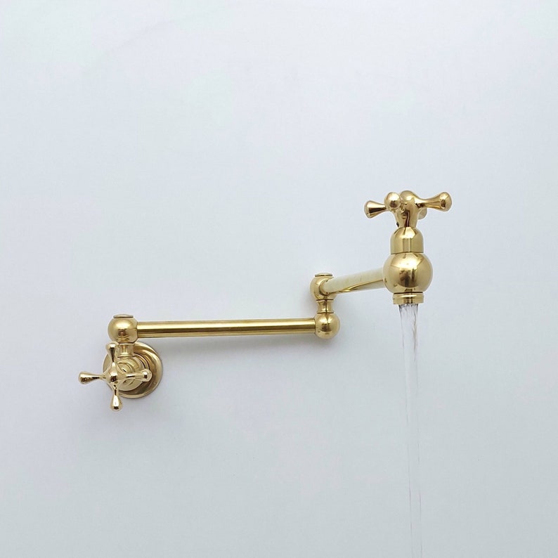 Unlacquered Brass Pot Filler with Cross Handle, Antique Brass Wall-Mount Faucet, Kitchen Brass Pot Filler