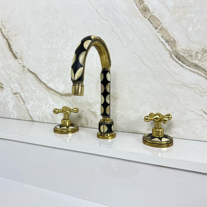 Handmade Brass Widespread Faucet with Bone and Black Resin