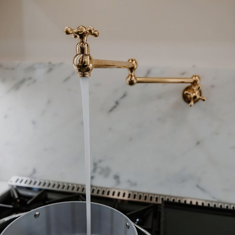 Unlacquered Brass Pot Filler with Cross Handle, Antique Brass Wall-Mount Faucet, Kitchen Brass Pot Filler