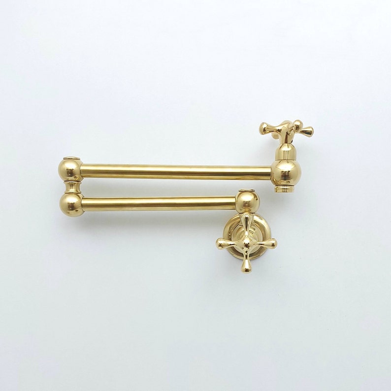 Unlacquered Brass Pot Filler with Cross Handle, Antique Brass Wall-Mount Faucet, Kitchen Brass Pot Filler