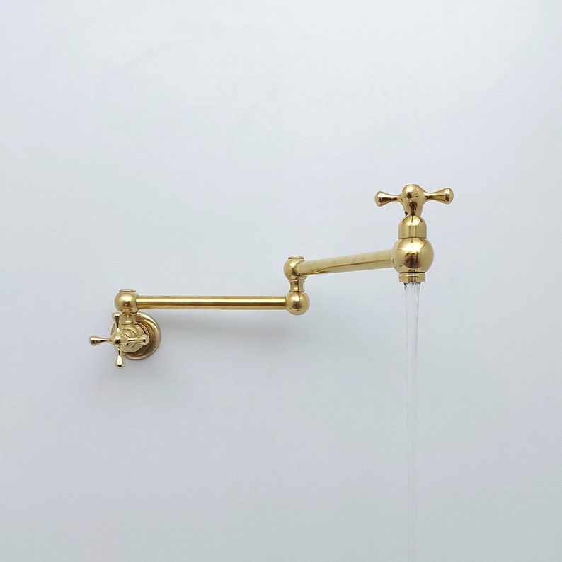 Unlacquered Brass Pot Filler with Cross Handle, Antique Brass Wall-Mount Faucet, Kitchen Brass Pot Filler