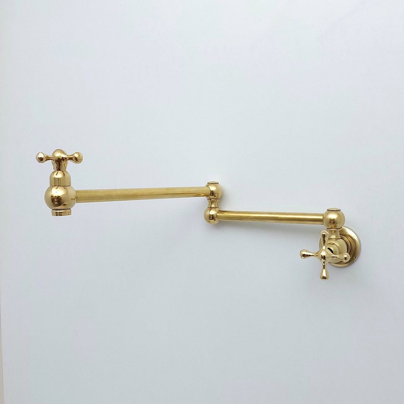 Unlacquered Brass Pot Filler with Cross Handle, Antique Brass Wall-Mount Faucet, Kitchen Brass Pot Filler