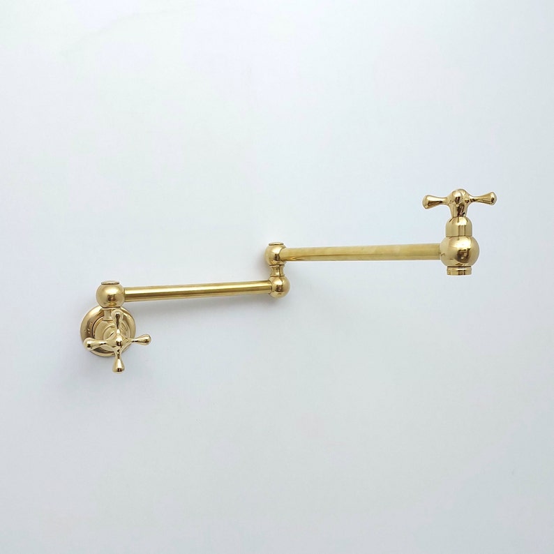 Unlacquered Brass Pot Filler with Cross Handle, Antique Brass Wall-Mount Faucet, Kitchen Brass Pot Filler