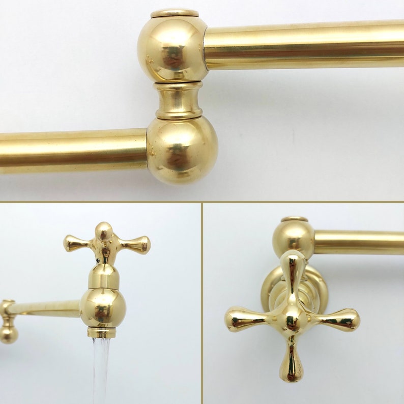 Unlacquered Brass Pot Filler with Cross Handle, Antique Brass Wall-Mount Faucet, Kitchen Brass Pot Filler