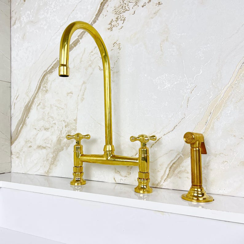 Bridge Faucet from Solid Brass with Unlacquered Finish, Handcrafted Brass Kitchen Faucet double handles Deck Mount with Brass Sprayer