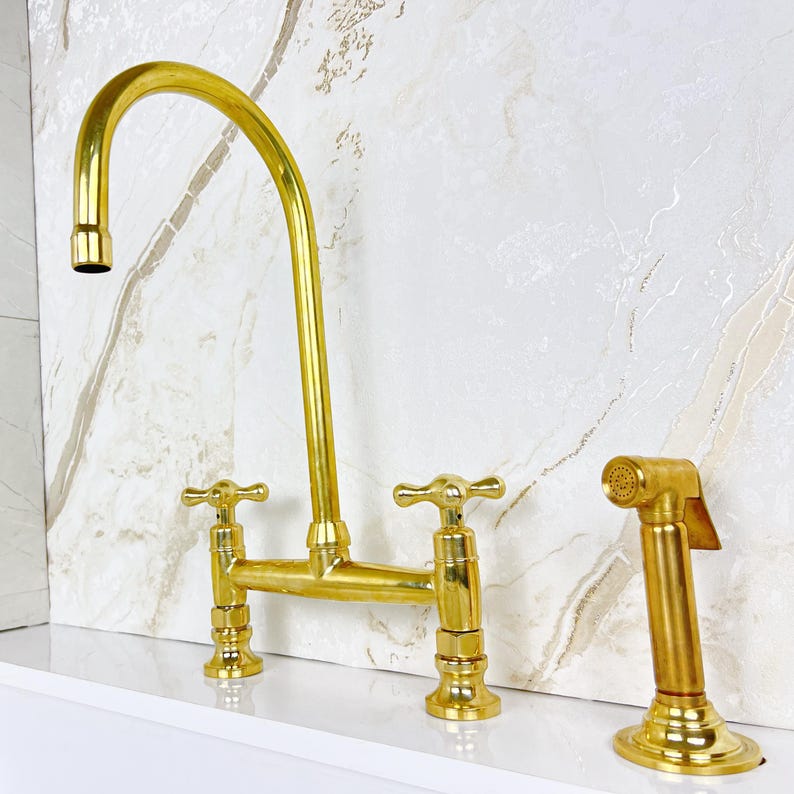Bridge Faucet from Solid Brass with Unlacquered Finish, Handcrafted Brass Kitchen Faucet double handles Deck Mount with Brass Sprayer