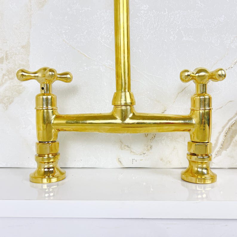 Bridge Faucet from Solid Brass with Unlacquered Finish, Handcrafted Brass Kitchen Faucet double handles Deck Mount with Brass Sprayer