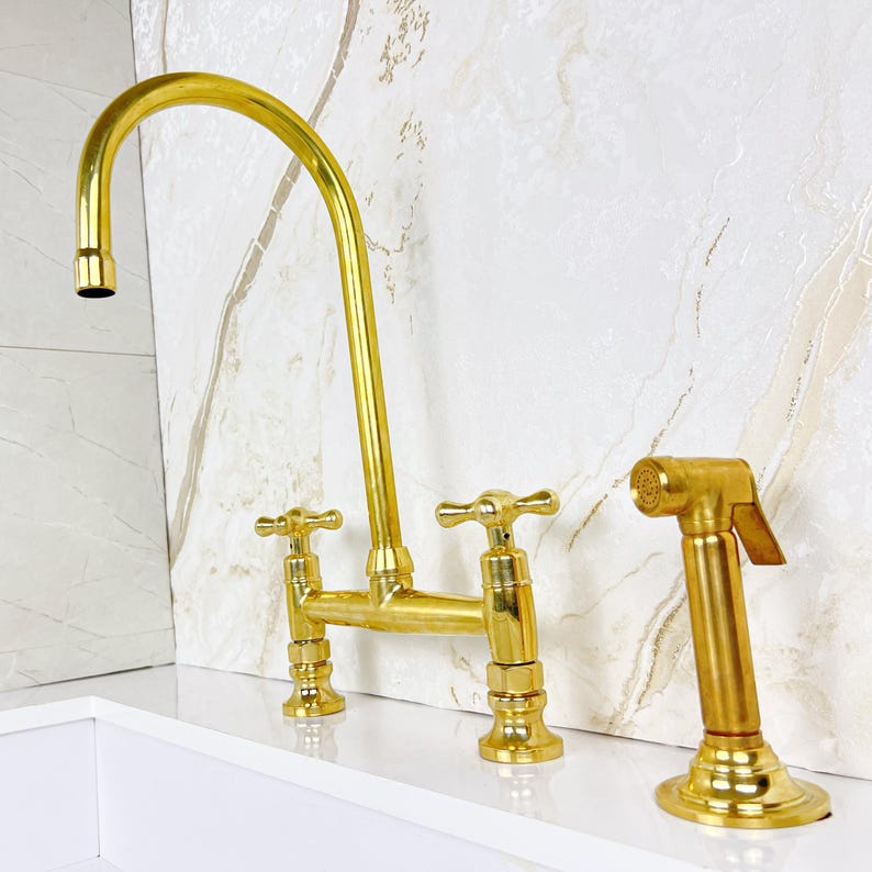 Bridge Faucet from Solid Brass with Unlacquered Finish, Handcrafted Brass Kitchen Faucet double handles Deck Mount with Brass Sprayer