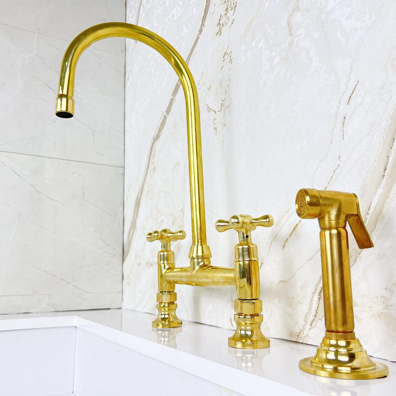 Bridge Faucet from Solid Brass with Unlacquered Finish, Handcrafted Brass Kitchen Faucet double handles Deck Mount with Brass Sprayer