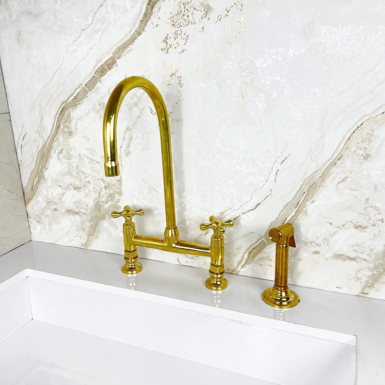 Bridge Faucet from Solid Brass with Unlacquered Finish, Handcrafted Brass Kitchen Faucet double handles Deck Mount with Brass Sprayer