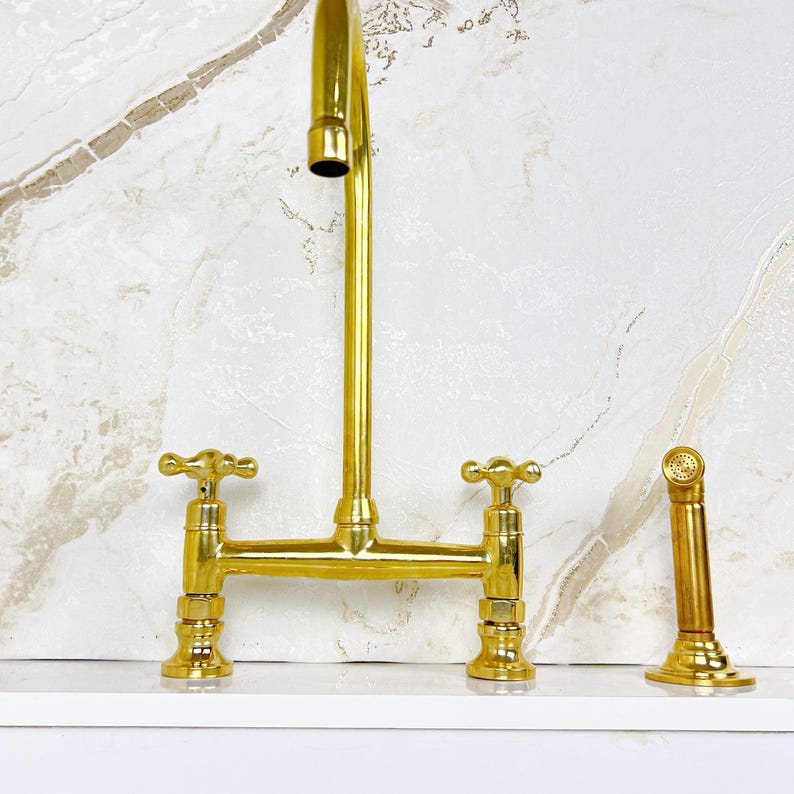 Bridge Faucet from Solid Brass with Unlacquered Finish, Handcrafted Brass Kitchen Faucet double handles Deck Mount with Brass Sprayer
