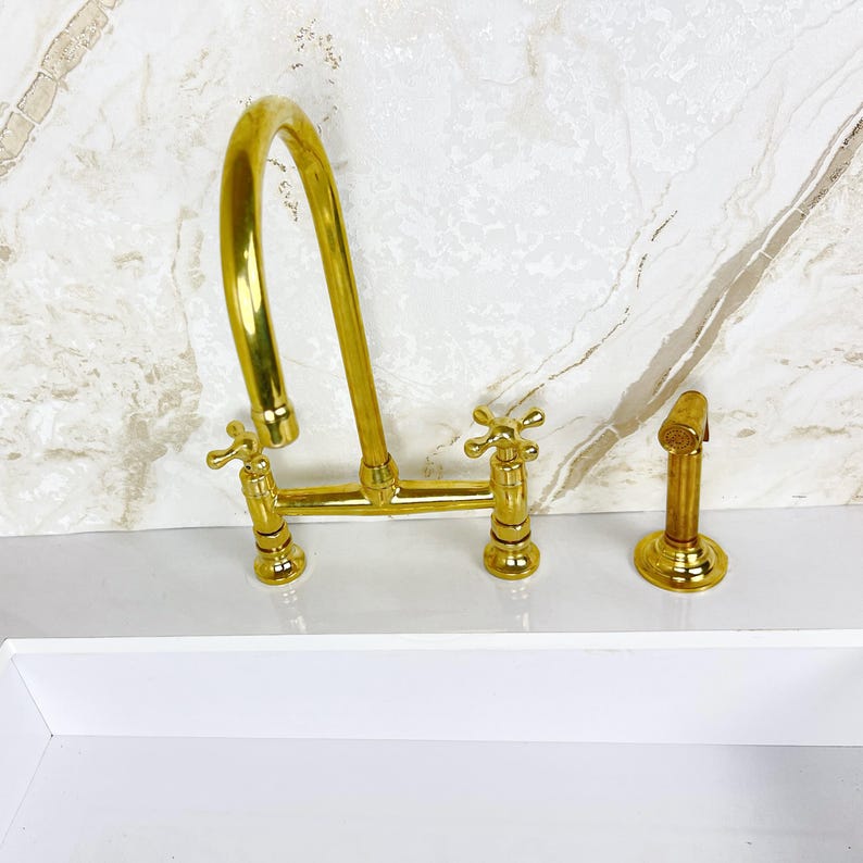 Bridge Faucet from Solid Brass with Unlacquered Finish, Handcrafted Brass Kitchen Faucet double handles Deck Mount with Brass Sprayer