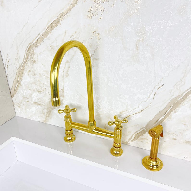 Bridge Faucet from Solid Brass with Unlacquered Finish, Handcrafted Brass Kitchen Faucet double handles Deck Mount with Brass Sprayer