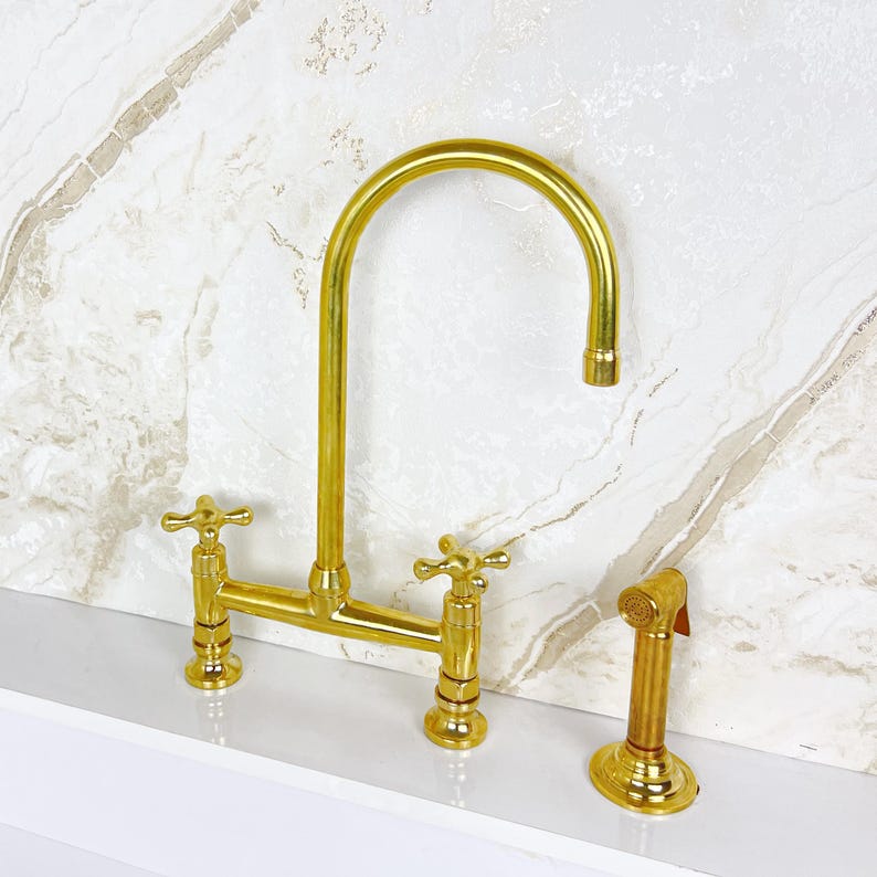 Bridge Faucet from Solid Brass with Unlacquered Finish, Handcrafted Brass Kitchen Faucet double handles Deck Mount with Brass Sprayer