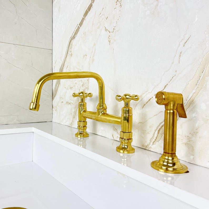 Solid Brass Bridge Kitchen Faucet Straight Short Legs, Unlacquered Brass Bridge Faucet with sprayer, Antique Brass Bridge Faucet Mixer