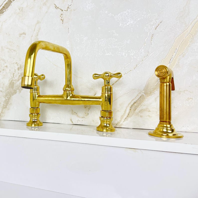 Solid Brass Bridge Kitchen Faucet Straight Short Legs, Unlacquered Brass Bridge Faucet with sprayer, Antique Brass Bridge Faucet Mixer