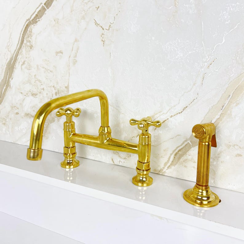 Solid Brass Bridge Kitchen Faucet Straight Short Legs, Unlacquered Brass Bridge Faucet with sprayer, Antique Brass Bridge Faucet Mixer