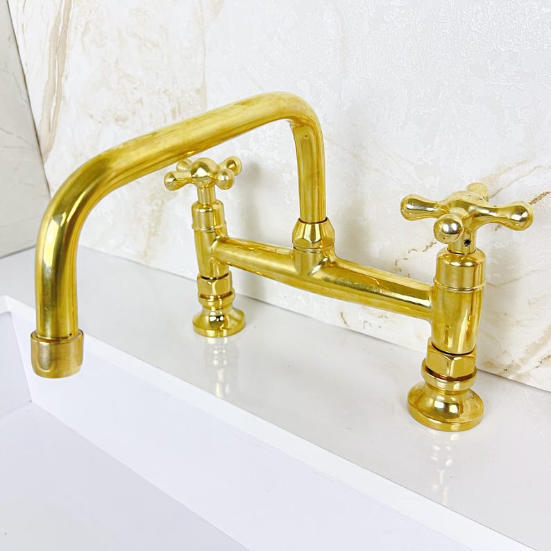 Solid Brass Bridge Kitchen Faucet Straight Short Legs, Unlacquered Brass Bridge Faucet with sprayer, Antique Brass Bridge Faucet Mixer