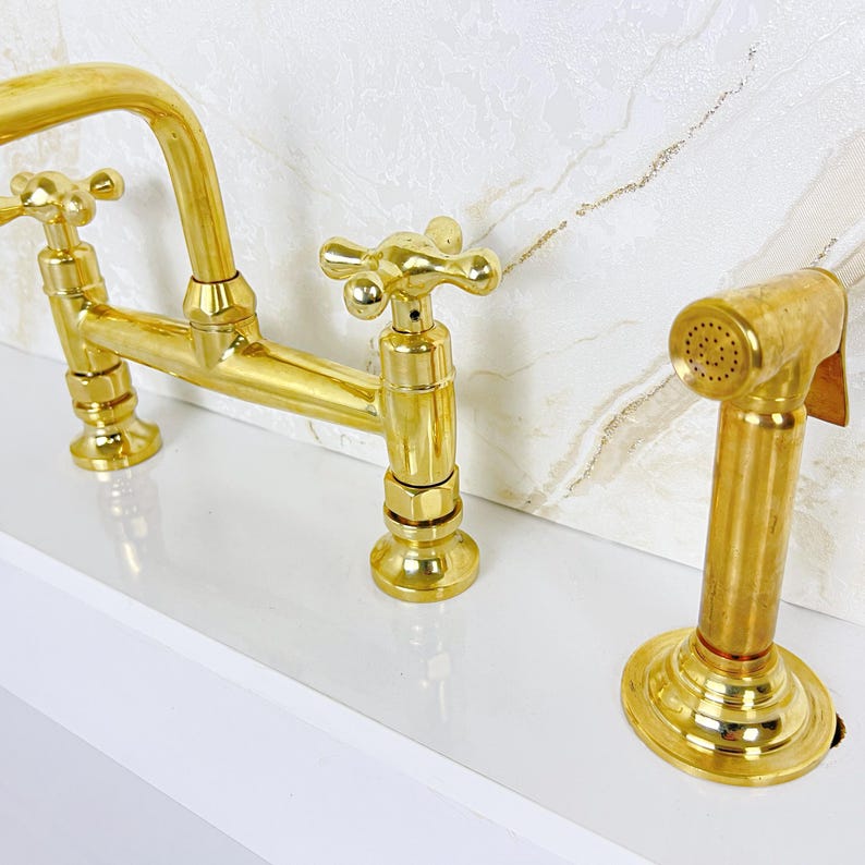 Solid Brass Bridge Kitchen Faucet Straight Short Legs, Unlacquered Brass Bridge Faucet with sprayer, Antique Brass Bridge Faucet Mixer