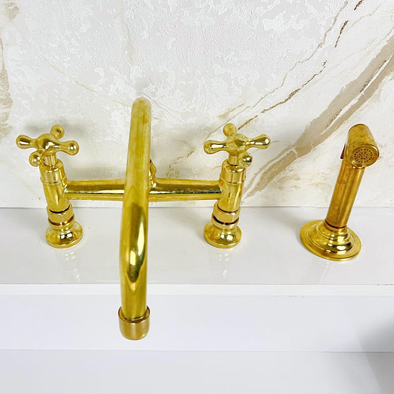 Solid Brass Bridge Kitchen Faucet Straight Short Legs, Unlacquered Brass Bridge Faucet with sprayer, Antique Brass Bridge Faucet Mixer