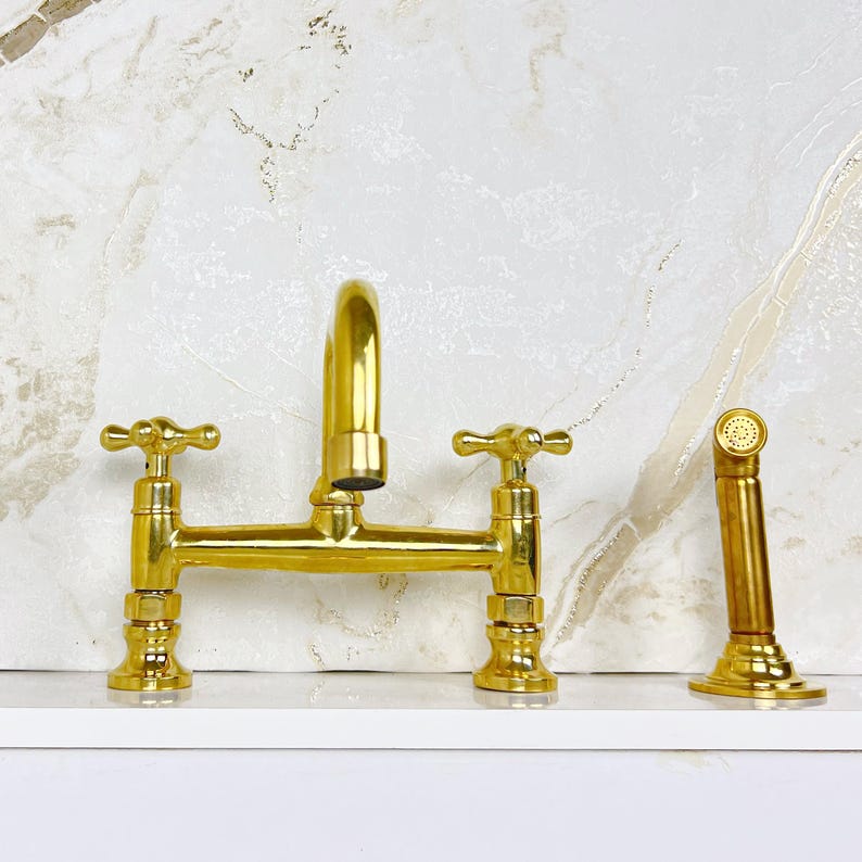 Solid Brass Bridge Kitchen Faucet Straight Short Legs, Unlacquered Brass Bridge Faucet with sprayer, Antique Brass Bridge Faucet Mixer
