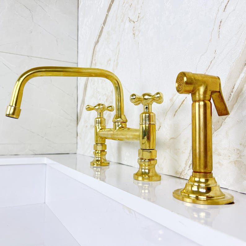 Solid Brass Bridge Kitchen Faucet Straight Short Legs, Unlacquered Brass Bridge Faucet with sprayer, Antique Brass Bridge Faucet Mixer