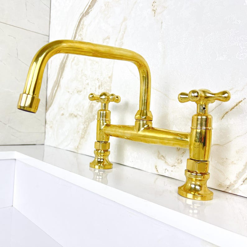 Solid Brass Bridge Kitchen Faucet Straight Short Legs, Unlacquered Brass Bridge Faucet with sprayer, Antique Brass Bridge Faucet Mixer