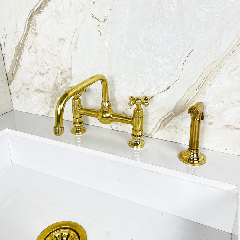 Handcrafted Brass Kitchen Bridge Faucet double handles Deck Mount with Brass Sprayer, Unlacquered Solid Brass Kitchen Mixer with short legs.