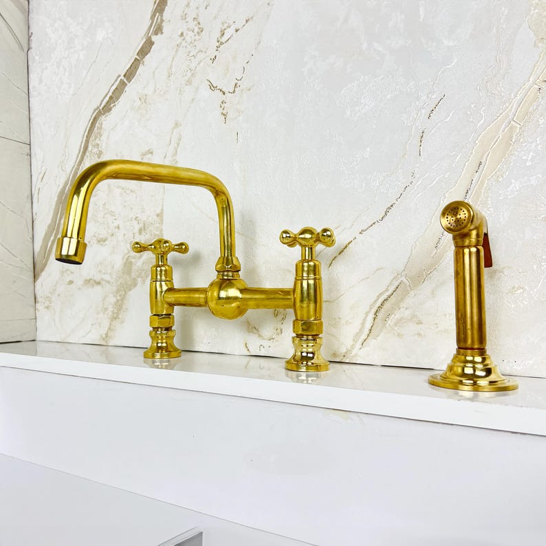 Handcrafted Brass Kitchen Bridge Faucet double handles Deck Mount with Brass Sprayer, Unlacquered Solid Brass Kitchen Mixer with short legs.