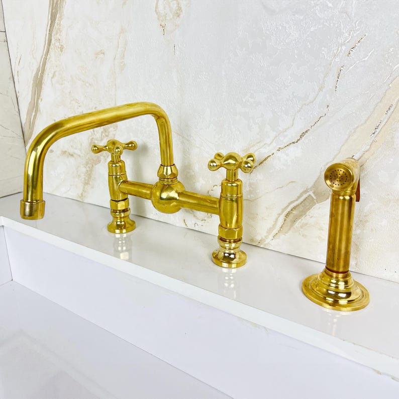 Handcrafted Brass Kitchen Bridge Faucet double handles Deck Mount with Brass Sprayer, Unlacquered Solid Brass Kitchen Mixer with short legs.