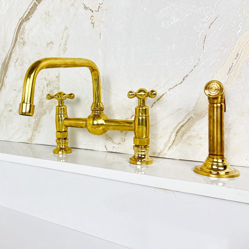 Handcrafted Brass Kitchen Bridge Faucet double handles Deck Mount with Brass Sprayer, Unlacquered Solid Brass Kitchen Mixer with short legs.