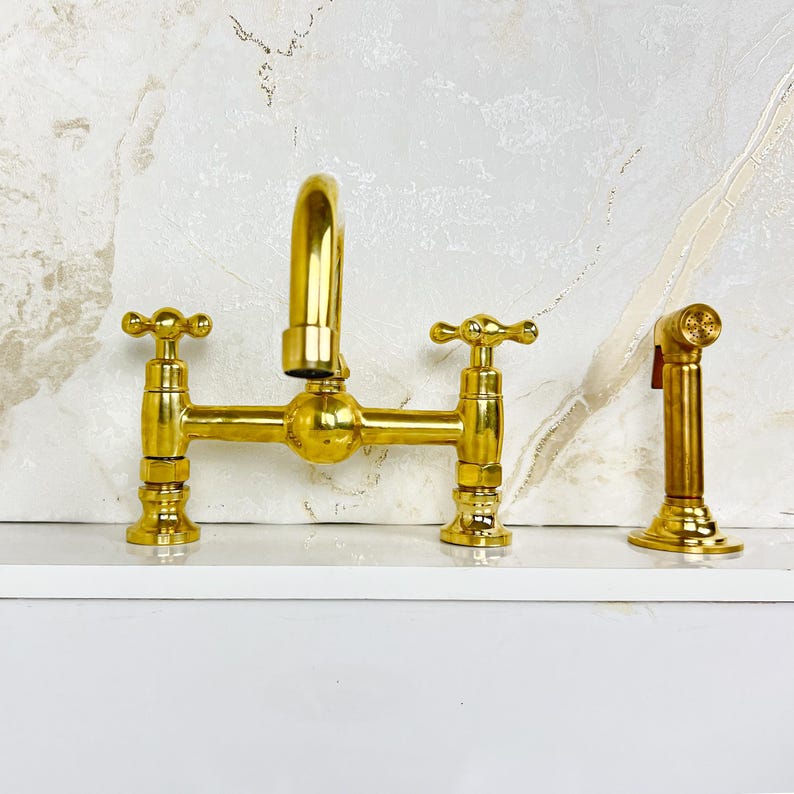 Handcrafted Brass Kitchen Bridge Faucet double handles Deck Mount with Brass Sprayer, Unlacquered Solid Brass Kitchen Mixer with short legs.