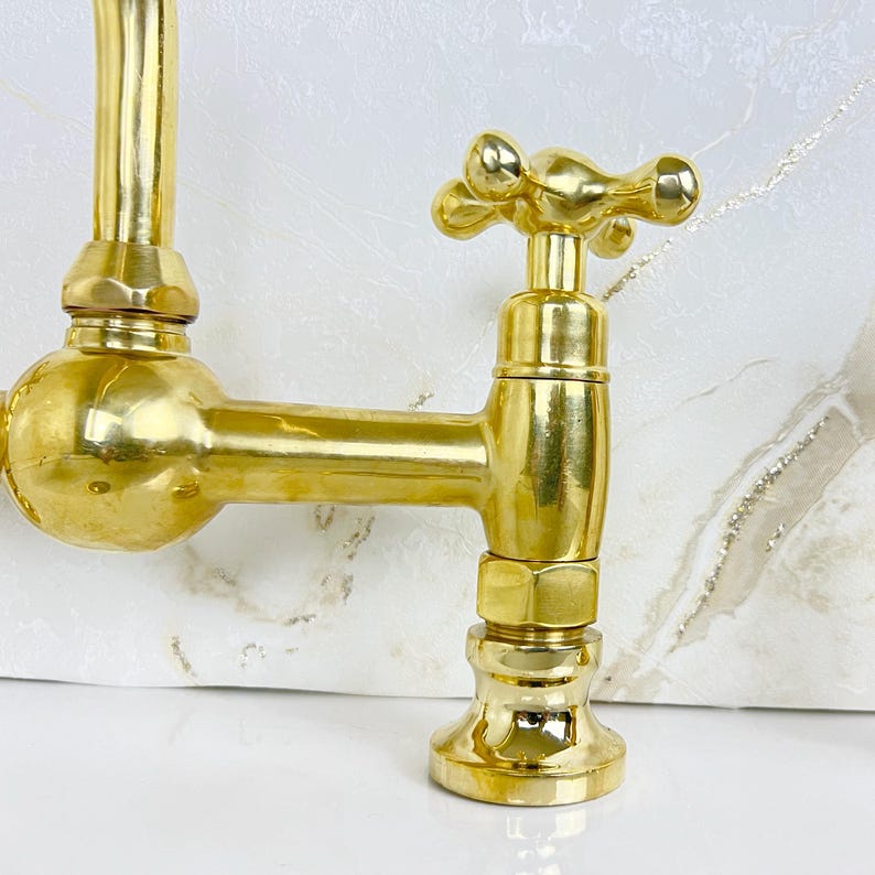 Handcrafted Brass Kitchen Bridge Faucet double handles Deck Mount with Brass Sprayer, Unlacquered Solid Brass Kitchen Mixer with short legs.