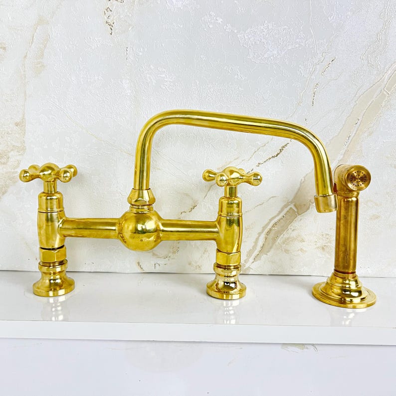 Handcrafted Brass Kitchen Bridge Faucet double handles Deck Mount with Brass Sprayer, Unlacquered Solid Brass Kitchen Mixer with short legs.