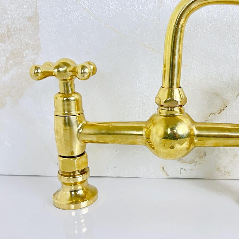 Handcrafted Brass Kitchen Bridge Faucet double handles Deck Mount with Brass Sprayer, Unlacquered Solid Brass Kitchen Mixer with short legs.