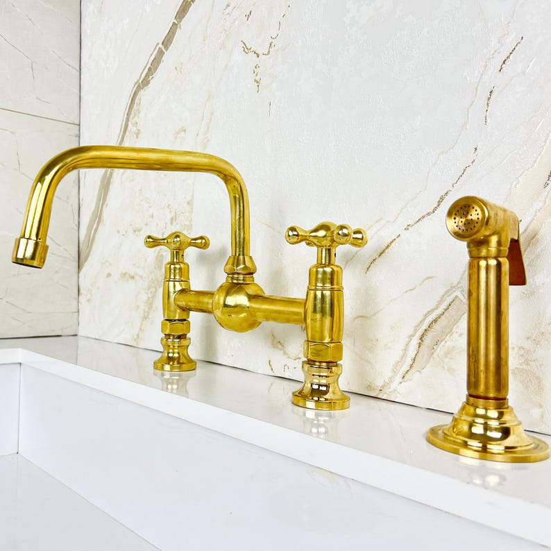 Handcrafted Brass Kitchen Bridge Faucet double handles Deck Mount with Brass Sprayer, Unlacquered Solid Brass Kitchen Mixer with short legs.