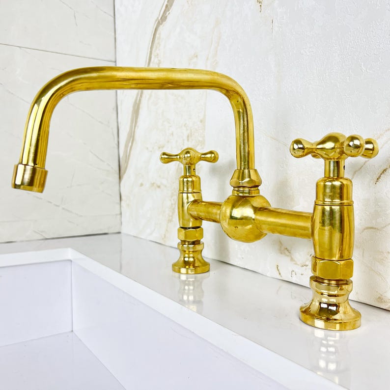 Handcrafted Brass Kitchen Bridge Faucet double handles Deck Mount with Brass Sprayer, Unlacquered Solid Brass Kitchen Mixer with short legs.