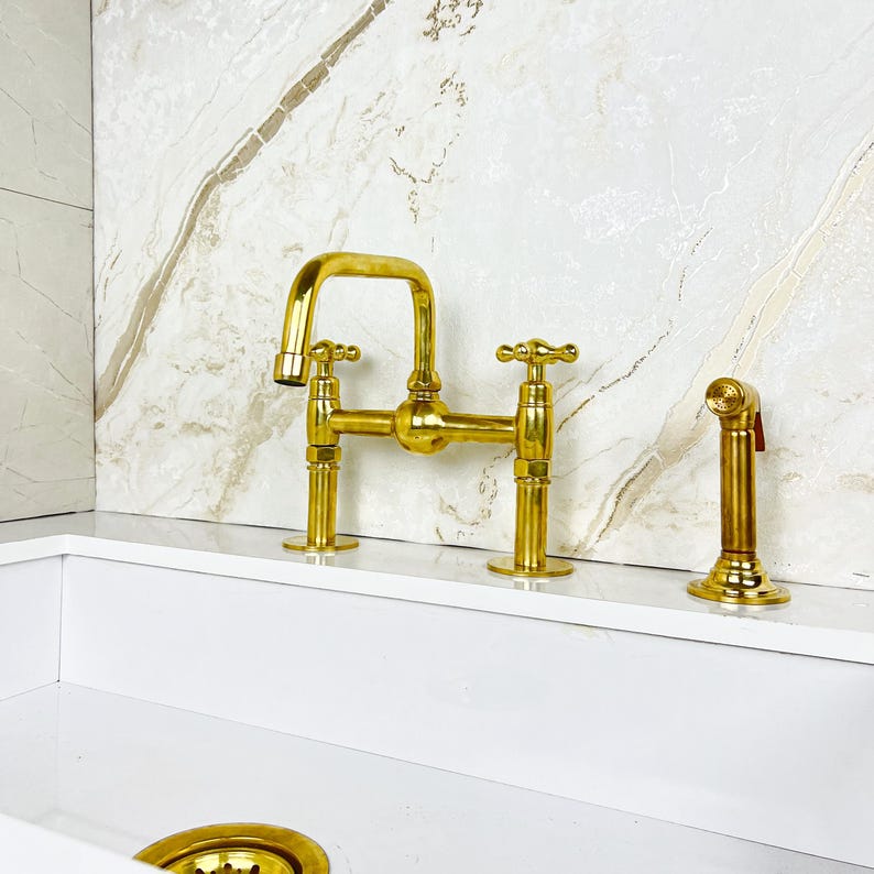 Handcrafted Brass Kitchen Faucet double handles Deck Mount with Brass Sprayer, Unlacquered Solid Brass Kitchen Mixer, Bridge Faucet.