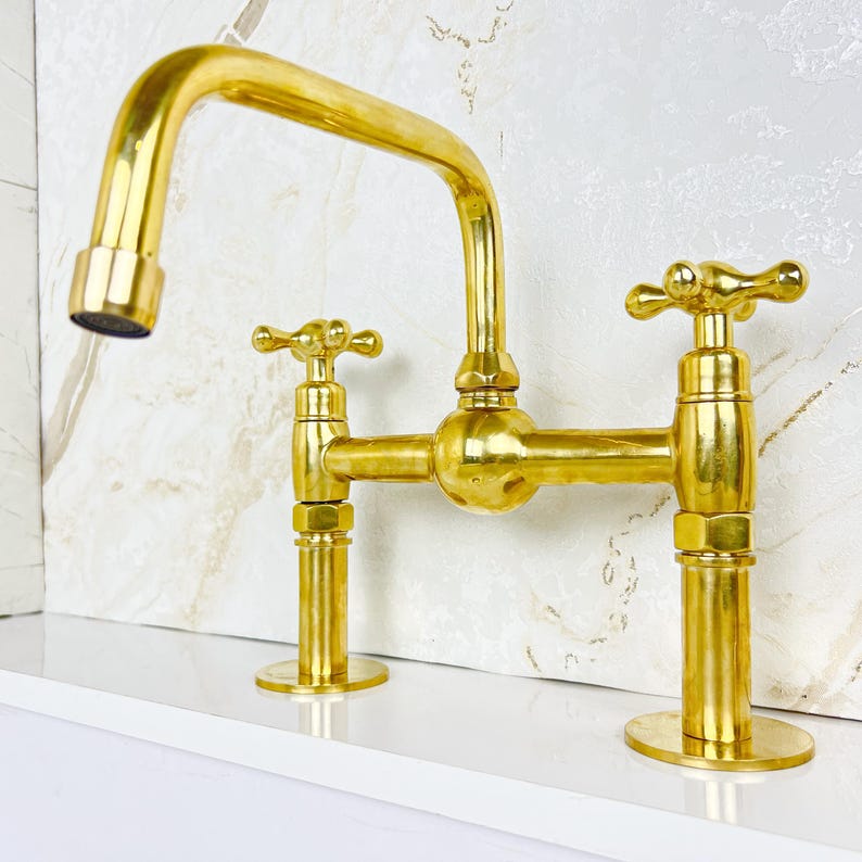 Handcrafted Brass Kitchen Faucet double handles Deck Mount with Brass Sprayer, Unlacquered Solid Brass Kitchen Mixer, Bridge Faucet.