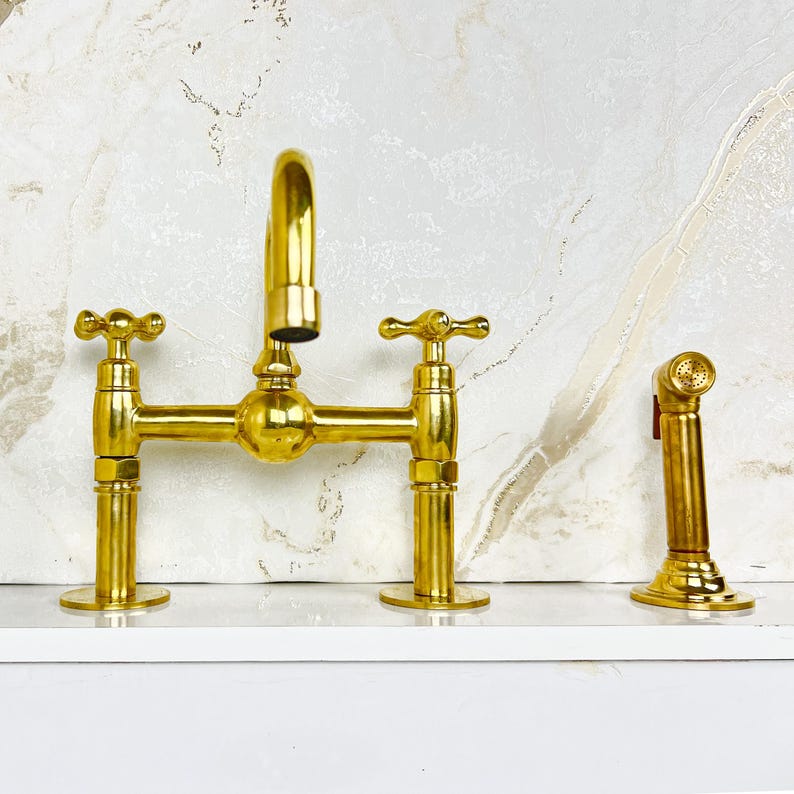 Handcrafted Brass Kitchen Faucet double handles Deck Mount with Brass Sprayer, Unlacquered Solid Brass Kitchen Mixer, Bridge Faucet.