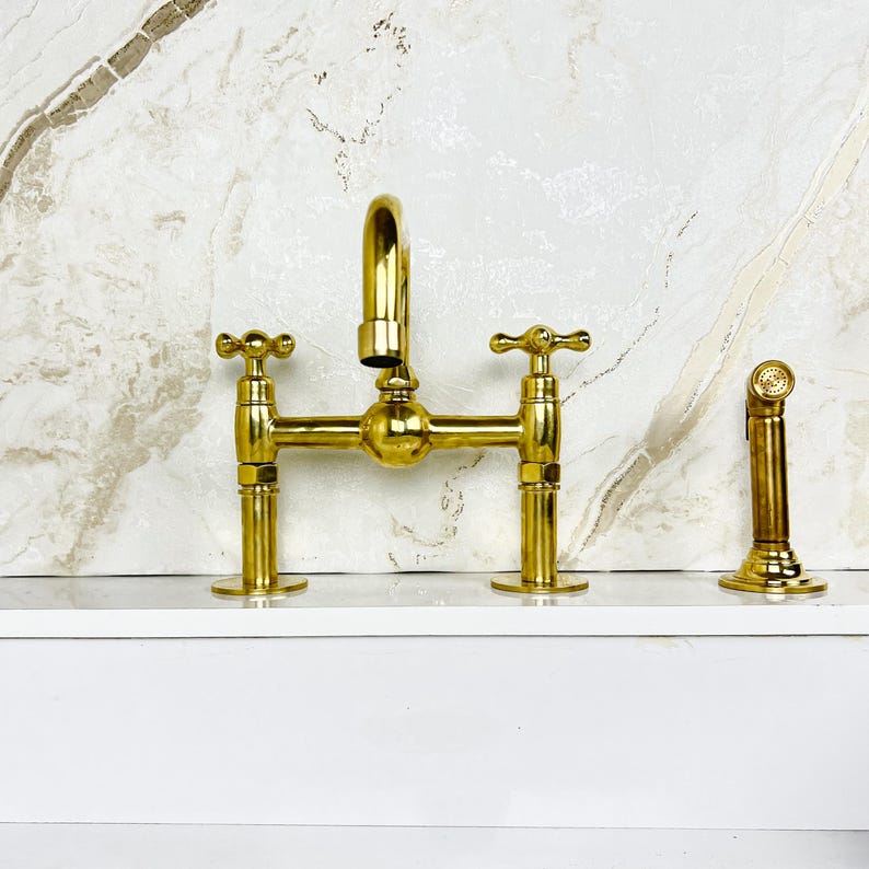Handcrafted Brass Kitchen Faucet double handles Deck Mount with Brass Sprayer, Unlacquered Solid Brass Kitchen Mixer, Bridge Faucet.