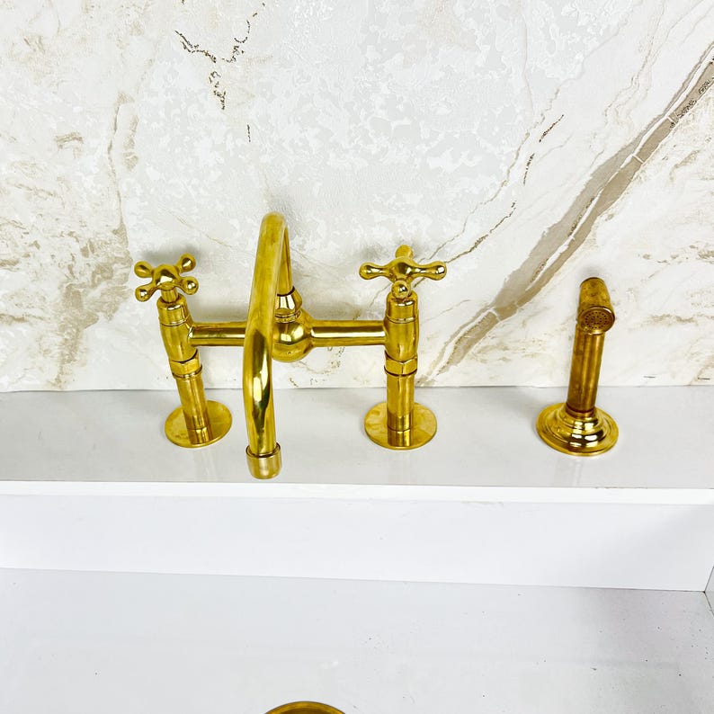 Handcrafted Brass Kitchen Faucet double handles Deck Mount with Brass Sprayer, Unlacquered Solid Brass Kitchen Mixer, Bridge Faucet.