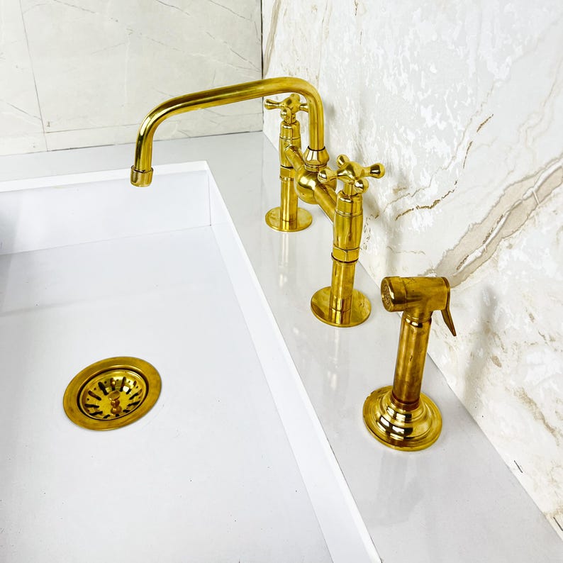 Handcrafted Brass Kitchen Faucet double handles Deck Mount with Brass Sprayer, Unlacquered Solid Brass Kitchen Mixer, Bridge Faucet.