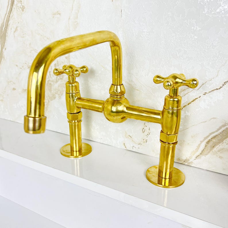Handcrafted Brass Kitchen Faucet double handles Deck Mount with Brass Sprayer, Unlacquered Solid Brass Kitchen Mixer, Bridge Faucet.