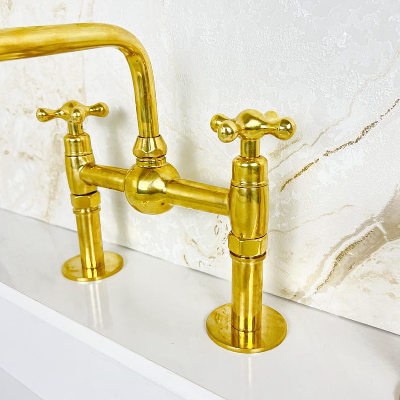 Handcrafted Brass Kitchen Faucet double handles Deck Mount with Brass Sprayer, Unlacquered Solid Brass Kitchen Mixer, Bridge Faucet.