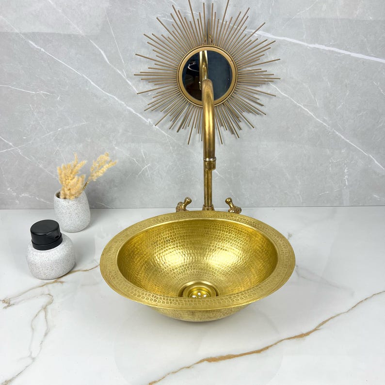 Modern Custom Made Hammered Vessel Unlacquered Brass Bathroom Sink