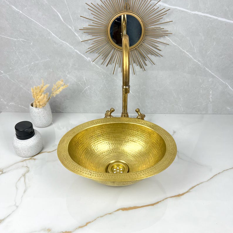 Modern Custom Made Hammered Vessel Unlacquered Brass Bathroom Sink