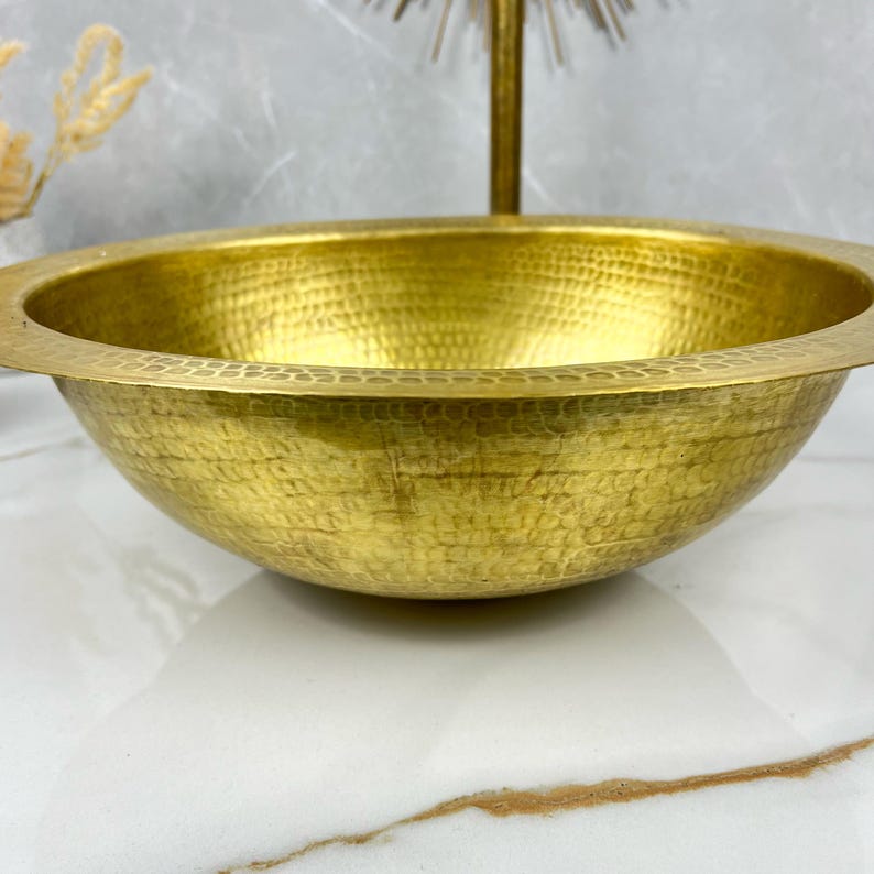 Modern Custom Made Hammered Vessel Unlacquered Brass Bathroom Sink