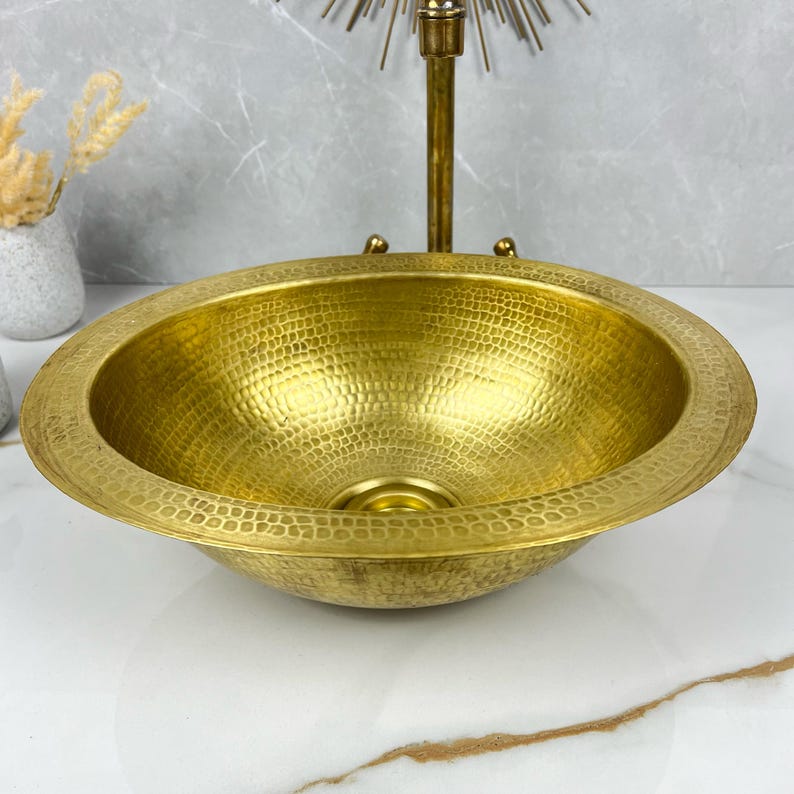 Modern Custom Made Hammered Vessel Unlacquered Brass Bathroom Sink