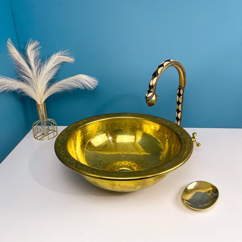 Drop-in Hammered Vessel Unlacquered Brass Bathroom Sink